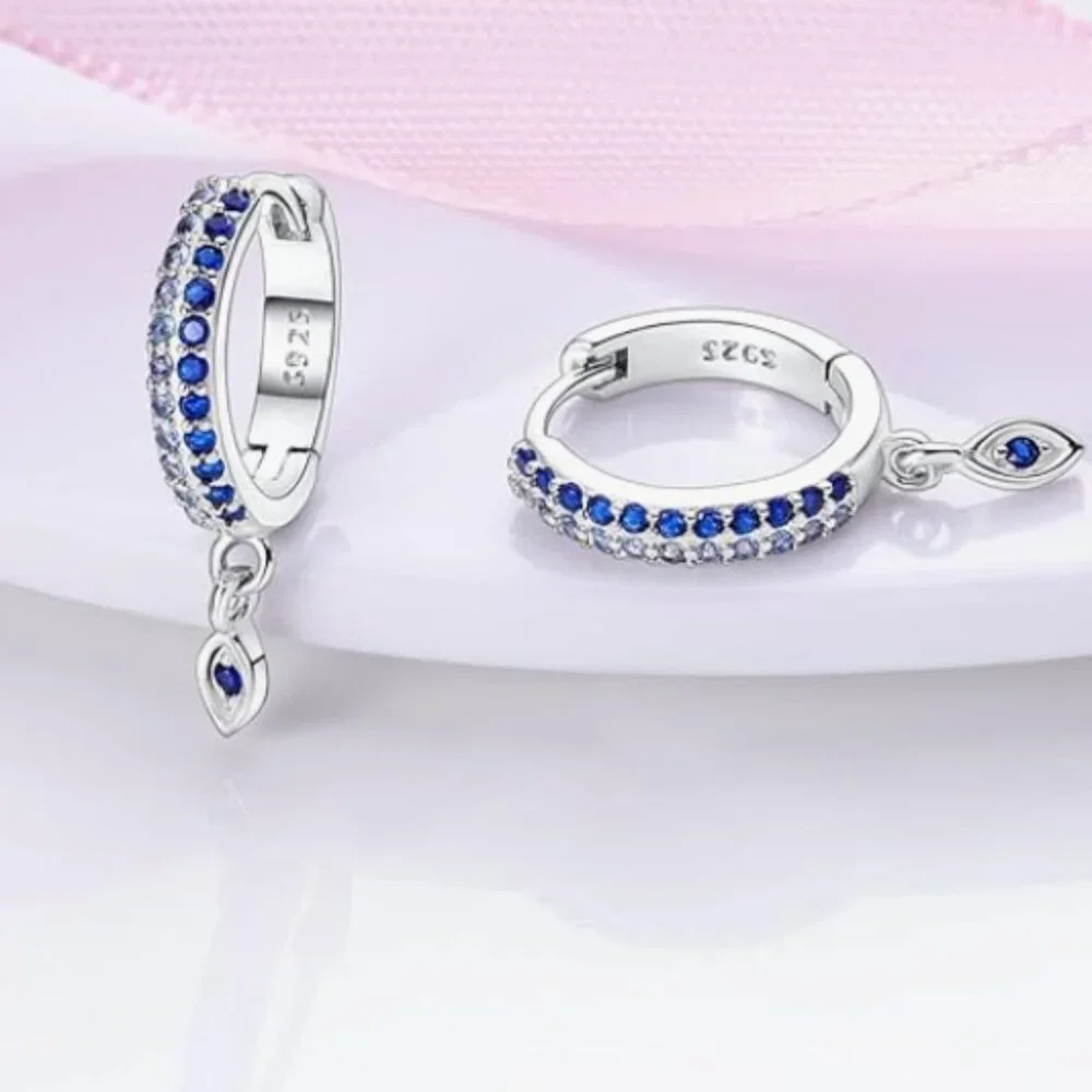 Blue Evil Eye Hoop 925 Sterling Silver Earrings Cubic Zirconia